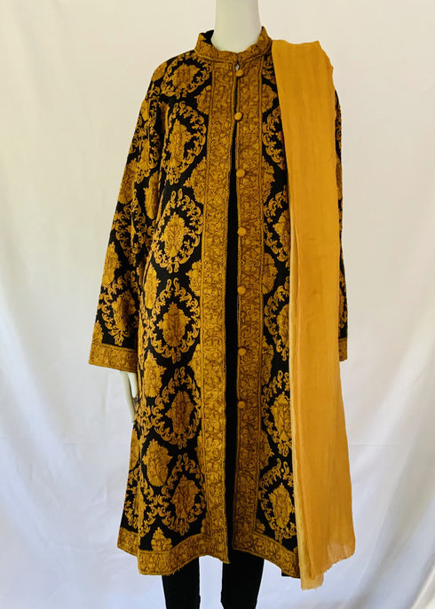 Hand Embroidered Long Jacket - Black and Mustard